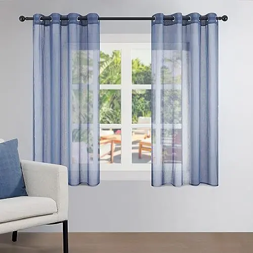 Produktbild: Topfinel Gardinen Wohnzimmer Stores Gardinen mit Ösen Voile Vorhang Halbtransparent Moderne Leinenoptik Vorhänge Kinderzimmer Gardinen Kurz Fenster 2er Set 160 x 140 cm (HxB) Marine