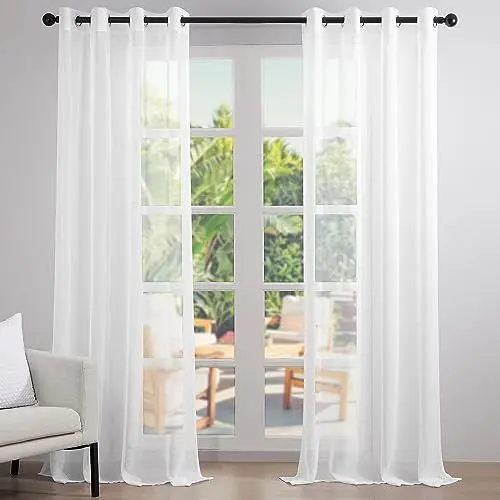 Produktbild: Topfinel Gardinen mit Ösen Voile Vorhang Weiß Halbtransparent Moderne Gardine Wohnzimmer Leinenoptik Vorhänge Kinderzimmer Store Gardinen 2er Set 200 x 140 cm (HxB)