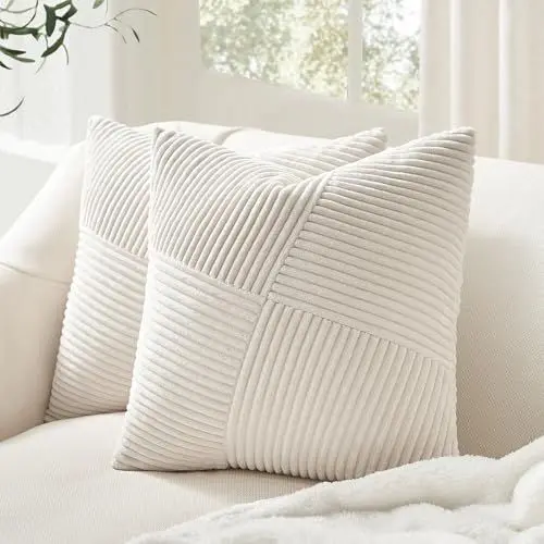 Produktbild: Topfinel Kissenbezug 30x30 Creme Kordsamt 2er Set Kissenbezüge Kissenhülle Sofakissen Dekokissen Couchkissen Zierkissenbezug Patchwork Design Deko Wohnzimmer Kinderzimmer Windmühle Streifen Muster