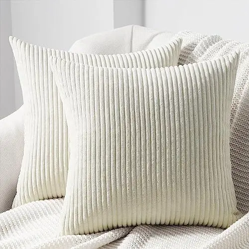 Produktbild: Topfinel Kissenbezug 35x35 2er Set Creme beige gestreiftes Muster Kordsamt Kissenbezüge Kissenhülle Dekokissen Sofakissen Couchkissen Dekokissen Zierkissenbezug Deko Kissenhüllen Wohnzimmer