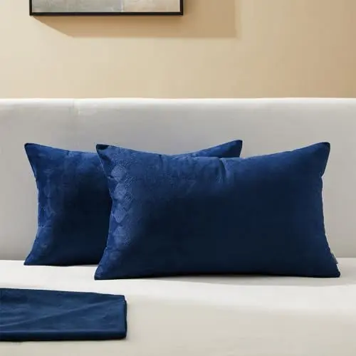 Produktbild: Topfinel Kissenbezug 40 x 80 cm Samt Navy 2er Set Kariert Muster Kissenbezüge Kissenhüllle Polsterbezug für Nackenkissen Kopfkissen Bettwäsche Schlafzimmer Wohnzimmer Dekokissen Sofakissen
