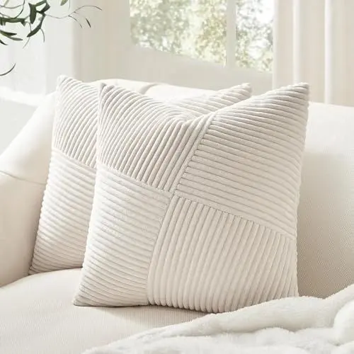 Produktbild: Topfinel Kissenbezug 40x40 Creme Kordsamt 2er Set Windmühle Streifen Muster Kissenbezüge Kissenhülle Sofakissen Dekokissen Couchkissen Zierkissenbezug Patchwork Design Deko Wohnzimmer Büro Hotel