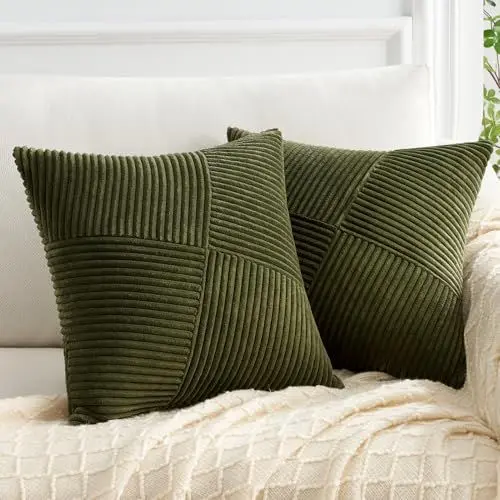 Produktbild: Topfinel Kissenbezug 40x40 Olivgrün Kordsamt 2er Set Windmühle Streifen Muster Kissenbezüge Kissenhülle Dekokissen Sofakissen Patchwork Design Deko Wohnzimmer Bett Schlafzimmer Sofa