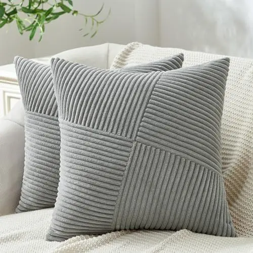 Produktbild: Topfinel Kissenbezug 50x50 Grau Kordsamt 2er Set Windmühle Streifen Muster Kissenbezüge Kissenhülle Zierkissenbezüge für Sofakissen Couchkissen Wohnzimmer Couch Sofa Geschenke Kinderzimmer