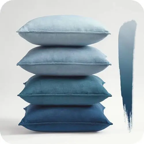 Produktbild: Topfinel Kissenbezug 50x50 blau 4er Set Samt Kissenbezüge Kissenhülle Dekokissenbezug sofakissen dekokissen deko für Sofa Schlafzimmer Wohnzimmer Balkon Kinder flauschig Farbverlauf