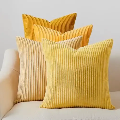 Produktbild: Topfinel Kissenbezug 50x50 cm gelb 4er Set Kordsamt Kissenbezüge Kissenhülle Dekokissenbezug sofakissen dekokissen deko für Sofa Schlafzimmer Wohnzimmer Balkon Kinder flauschig Farbverlauf
