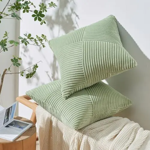Produktbild: Topfinel Kissenbezug Grün 30x30 Kordsamt 2er Set Windmühle Streifen Muster Kissenbezüge Kissenhülle Zierkissenbezüge Deko für Sofakissen Couchkissen Wohnzimmer Couch Sofa Frühling Sommer