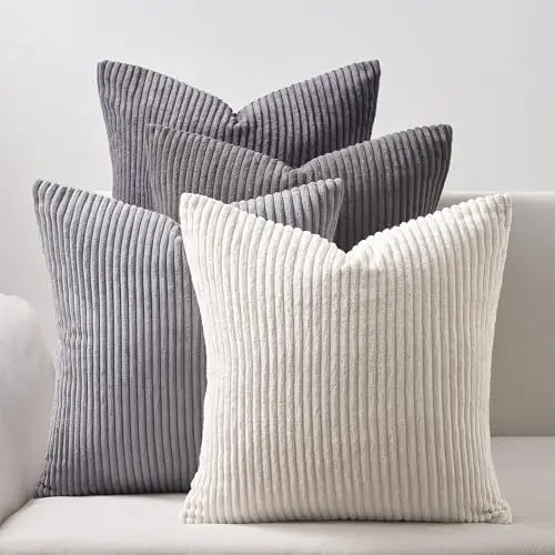 Produktbild: Topfinel Kissenbezug grau 40x40 4er Set Kordsamt Kissenbezüge Kissenhülle Dekokissenbezug sofakissen dekokissen deko für Sofa Schlafzimmer Wohnzimmer Balkon Kinder flauschig Farbverlauf, Gestreift