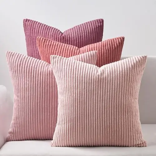 Produktbild: Topfinel Kissenbezug rosa 40x40 4er Set Kordsamt Kissenbezüge Kissenhülle Dekokissenbezug sofakissen dekokissen deko, Gestreift, für Sofa Schlafzimmer Wohnzimmer Balkon Kinder flauschig Farbverlauf
