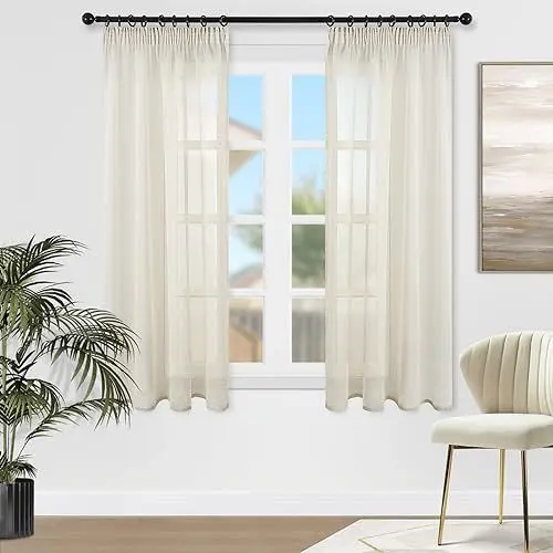 Produktbild: Topfinel Voile Vorhänge Leinenstruktur mit Kräuselband Lichtdurchlässig Einfarbig für Fenster Wohnzimmer Schlafzimmer Moderne und Elegante Gardine 2er Set je (BxH) 140x160 Beige