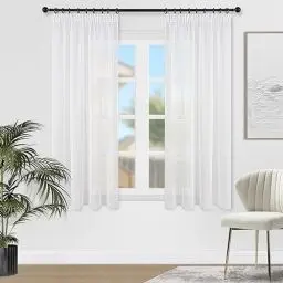 Produktbild: Topfinel Voile Vorhänge mit Kräuselband in Leinen-Optik Transparent für Wohnzimmer Schlafzimmer Fenster Einfarbige Gardinen kurz Weiss 2er Set je140x160cm (BxH)