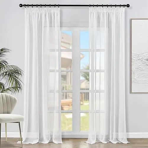 Produktbild: Topfinel Voile Gardinen Vorhänge mit Kräuselband in Leinen-Optik Transparent für Wohnzimmer Schlafzimmer Fenster Einfarbige Weiß 2er Set 140x245cm (BxH)