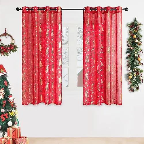 Produktbild: Topfinel Weihnachtsdeko Gardinen mit Ösen Weihnachten Rot Vorhänge Wohnzimmer Modern Kurz Vorhang 160 cm Hoch Stores Gardine Schal 2er Set 140 cm Breit Dekoschal für Schlafzimmer