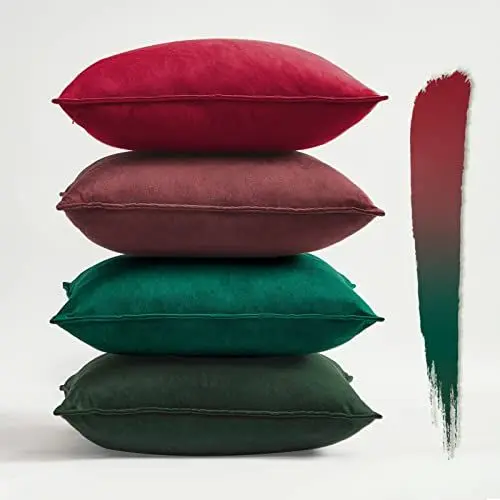 Produktbild: Topfinel Weihnachtskissen Kissenbezug 40x40 cm grün und rot 4er Weihnachten Set Samt Kissenbezüge Kissenhülle Dekokissen sofakissen Kissen deko für Sofa Schlafzimmer Wohnzimmer Balkon Kinder flauschig