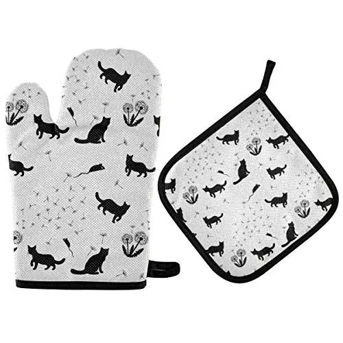 Produktbild: Topflappen und Ofenhandschuhe, schwarze Katze und Löwenzahn, rutschfeste Ofenhandschuhe und Topflappen, hitzebeständig, für Küchen zum Backen, Polyester