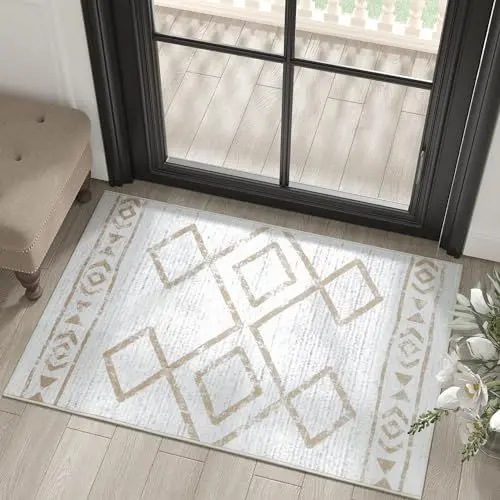 Produktbild: TOPICK Fußmatte Waschbar Fussmatte Innen Modern Geometrischer Teppich Dünner Antibakterieller Faltbar rutschfest Türmatte Weich für Haustür Eingangs Küche Patio Flur Schlafzimmer 60x90cm Taupe