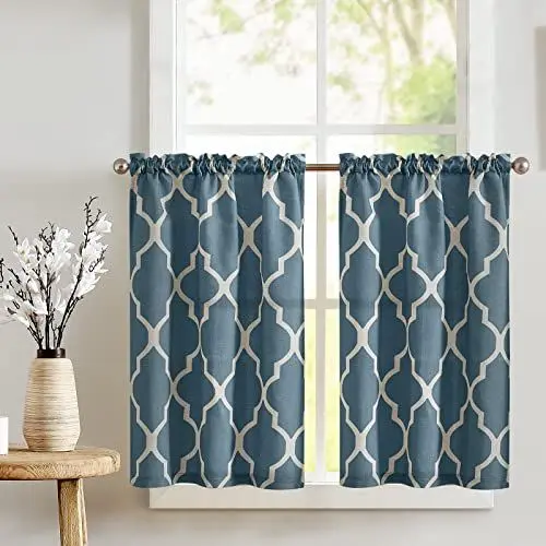 Produktbild: TOPICK Blau Scheibengardine Küche Vorhang Leinen Optik Bistrogardine Blickdicht Gardine Privatsphäre Gaze Schals Scheibengardinen Fensterschal für Wohnzimmer Landhaus 2er Set 65Bx60H (cm)