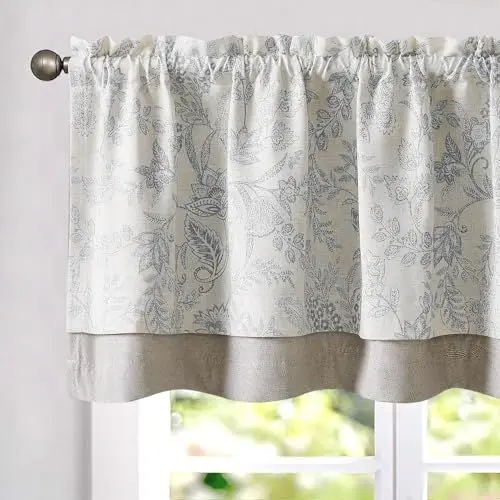 Produktbild: TOPICK Leinen Scheibengardinen Blumen Blickdicht Küchengardinen Frühling Landhausstil Gardinen Verdunkelnd Vorhänge Kurz Bistrogardine Volant Wohnzimmer Fenster 1er Pack Grau auf Beige 45B x 125H(cm)