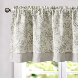 Produktbild: TOPICK Leinen Scheibengardinen Blumen Blickdicht Küchengardinen Frühling Landhausstil Gardinen Verdunkelnd Vorhänge Kurz Bistrogardine Volant Wohnzimmer Fenster 1er Pack Grün auf Beige 45B x 125H(cm)