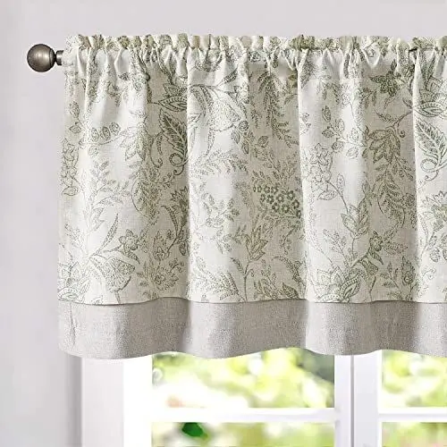 Produktbild: TOPICK Leinen Scheibengardinen Blumen Blickdicht Küchengardinen Frühling Landhausstil Gardinen Verdunkelnd Vorhänge Kurz Bistrogardine Volant Wohnzimmer Fenster 1er Pack Grün auf Beige 45B x 125H(cm)