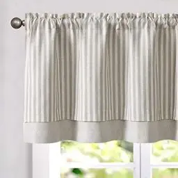 Produktbild: TOPICK Doppellagige Leinen Scheibengardine Streifen Küche Vorhang Klein Fenstervorhang Blickdicht Gestreift Gardine Verdunklung Landhaus Bistrogardine für Esszimmer 1 Stück 125x45cm Grau auf Beige