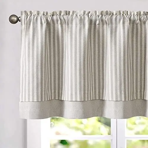 Produktbild: TOPICK Doppellagige Leinen Scheibengardine Streifen Küche Vorhang Klein Fenstervorhang Blickdicht Gestreift Gardine Verdunklung Landhaus Bistrogardine für Esszimmer 1 Stück 125x45cm Grau auf Beige