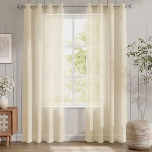 Produktbild: TOPICK Gardine Mit Ösen Sheer Vorhänge Voile Vorhang Hell Beige Transparent Gaze Paarig Ösenschals für Wohnzimmer Schlafzimmer 225 cm x 140 cm(HxB) 2er - Set