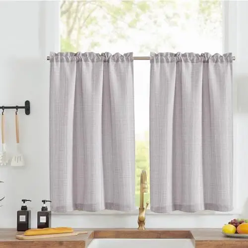 Produktbild: TOPICK Scheibengardinen Küche Hellgrau Bistrogardine mit Tunnelzug Modern Gardinen Kurz Blickdicht Leinenoptik Küchengardinen für Kleine Fenster Wohnmobil Küchenfenster 2er Set 70Bx90H cm