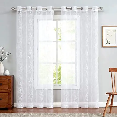 Produktbild: TOPICK Lace Gardinen Transparent Vorhänge Schal Rose Gardine mit Ösen Durchsichtig Vorhang für Wohnzimmer Esszimmer Schlafzimmer Weiß 140 x 245 cm 2er Set