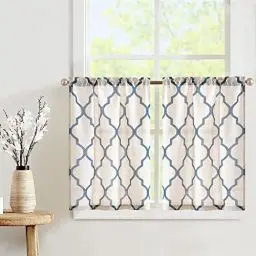 Produktbild: TOPICK Leinen-Optik Gardinen Geometrische Scheibengardinen Marokkanische Vorhänge Verdunklung Küchenvorhang (65B x 60H (cm), Blau auf Beige)
