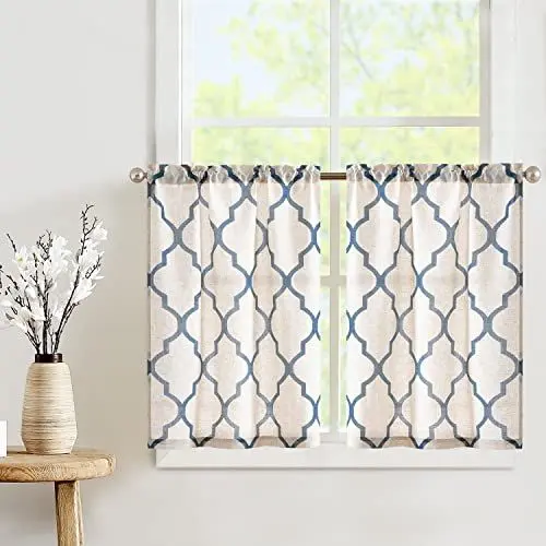 Produktbild: TOPICK Leinen-Optik Gardinen Geometrische Scheibengardinen Marokkanische Vorhänge Verdunklung Küchenvorhang (65B x 60H (cm), Blau auf Beige)