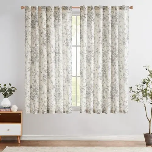 Produktbild: TOPICK Leinen Gardinen Floral Vorhänge mit verdeckten Schlaufen Lichtdurchlässig Bauernhaus Lang Gardinen Fensterschal für Wohnzimmer Schlafzimmer Fenster,2er Set 140 B x 145 H (cm),Grau auf Beige