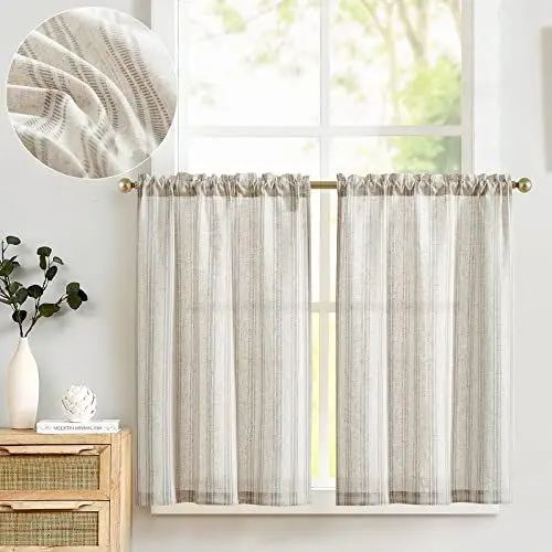 Produktbild: TOPICK Leinen Gestreifte Scheibengardinen Halbtransparent Bistrogardine Sheer Vorhang Privatsphäre Fenstervorhang Gardine für kleine Fenster Küche Bad Wohnzimmer 2er Set 65Bx60H(cm) Grau auf Beige