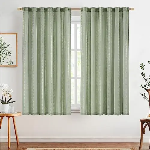Produktbild: TOPICK 2er Set H 145 x B 140 (cm) Gardinen in Grün für Wohnzimmer Schlafzimmer Küche Leinen Gestreifte Vorhänge Streifen Gardinen mit Tunnelzug Landhausstil Moderne Halbtransparent Vorhänge