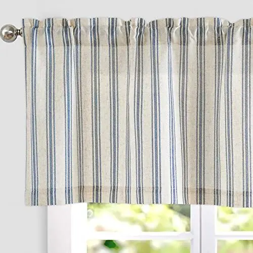 Produktbild: TOPICK Leinen Gestreifter Scheibengardine Halbtransparent Bistrogardine Sheer Vorhang Privatsphäre Fenstervorhang Gardine für kleine Fenster Küche Wohnzimmer Landhaus 1er 125Bx45H(cm) Blau auf Beige