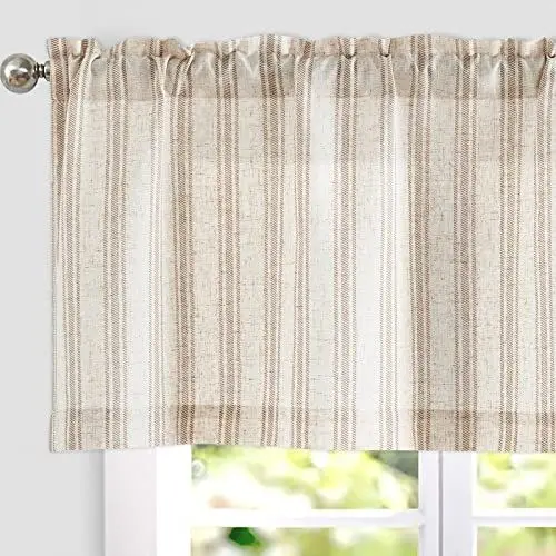 Produktbild: TOPICK Leinen Gestreifter Scheibengardine Halbtransparent Bistrogardine Sheer Vorhang Privatsphäre Fenstervorhang Gardine für kleine Fenster Küche Wohnzimmer Landhaus 1er 125Bx45H(cm) Braun auf Beige