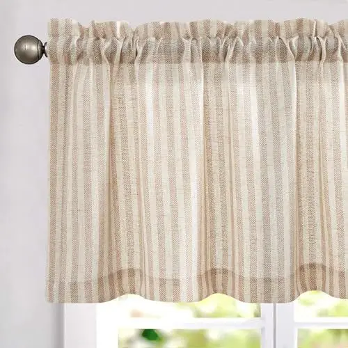 Produktbild: TOPICK Scheibengardine Braun Gestreift Leinen Gardinen mit Streifen Küchenvorhang Semi-transluzent Kurz Küchengardinen für Küchen Esszimmer Klein Fenster 125Bx40H(cm) Braun auf Beige 1 Stück