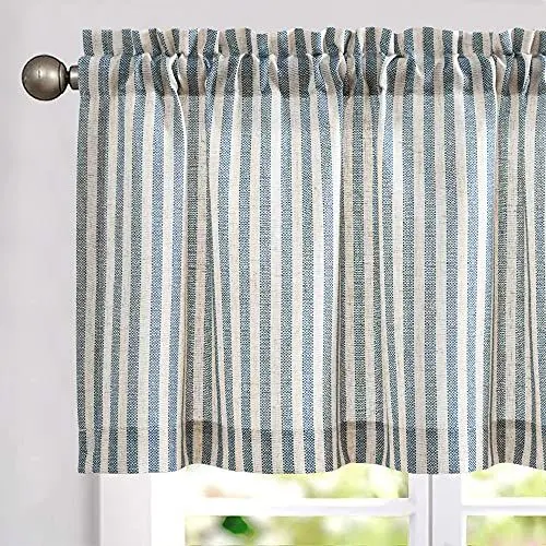 Produktbild: TOPICK 1 Stück H 40 x B 125 (cm) Scheibengardine Gestreift Leinen Gardinen mit Streifen Küchenvorhang Blickdicht Kurz Küchengardinen für Küchen Esszimmer Badezimmer Klein Fenster Blau auf Beige