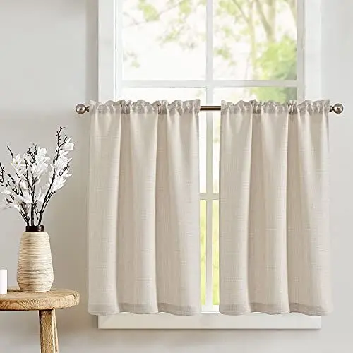 Produktbild: TOPICK Scheibengardinen Küche Bistrogardine mit Tunnelzug Beige Modern Gardinen Kurz Halbtransparente Leinenoptik Küchengardinen für Kleine Fenster Wohnmobil Küchenfenster 70Bx60H cm 2er Set
