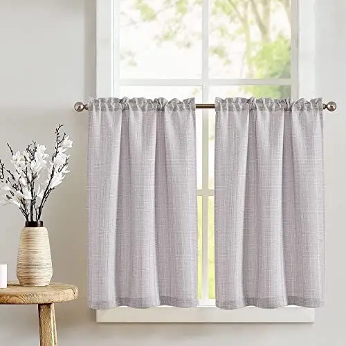 Produktbild: TOPICK Scheibengardinen Küche Bistrogardine mit Tunnelzug Hellgrau Modern Gardinen Kurz Halbtransparente Leinenoptik Küchengardinen für Kleine Fenster Wohnmobil Küchenfenster 70Bx60H cm 2er Set