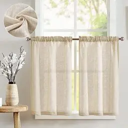 Produktbild: TOPICK Scheibengardine Leinen Bistrogardine Küche Vorhänge Flachs Halbtransparent Lichtfilterung Paarig Schals Moderne Scheibengardinen für Wohnzimmer Landhaus Kleine Fenster 2er-Set 65x60cm Natur
