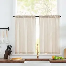 Produktbild: TOPICK Scheibengardine Leinen Bistrogardine Lichtfilterung Vorhang Halbtransparent Kurz Gardine Paarig Schals Scheibengardinen Fensterschal für Küche Wohnzimmer Landhaus 2er-Set 65Bx60H(cm) Roh