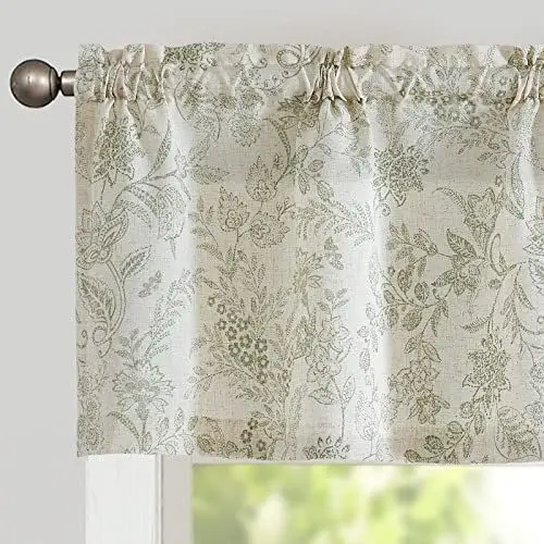 Produktbild: TOPICK Scheibengardine Leinen Vorhang Blumen Bedruckt Bistrogardine Halb Transparent Gardine Scheibengardinen für Küche Wohnzimmer Landhaus(125B x 40H(cm)-1 Stück, Grün auf Beige)