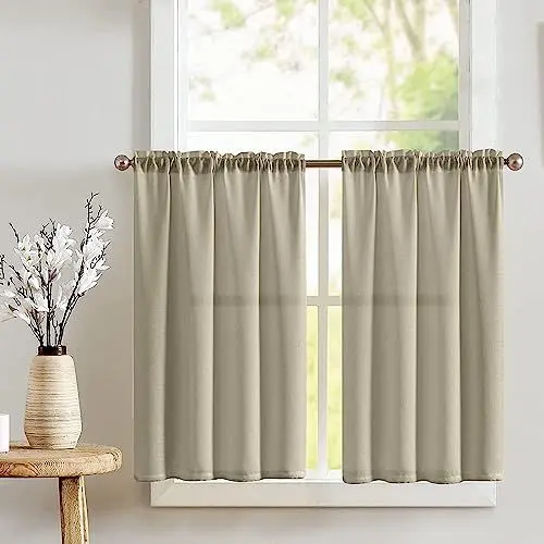 Produktbild: TOPICK Scheibengardine Leinenoptik Bistrogardine Braun Vorhang Fenstervorhang Gardine Gaze Paarig Schals Scheibengardinen Fensterschal für Küche Wohnzimmer Landhaus 2er Set 90Bx115H(cm) Taupe