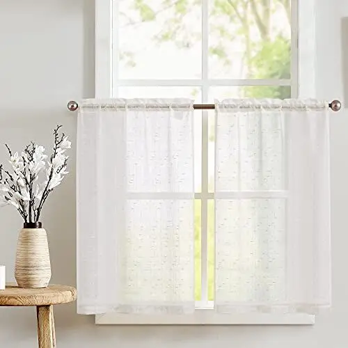 Produktbild: TOPICK Scheibengardinen Transparent Scheibengardine Landhausstil Bistrogardine mit Kreuzmuster Sheer Gardine Kurztores Gaze Fensterschal für Küche Wohnzimmer Landhaus 2er Set 90cm Elfenbein Weiß