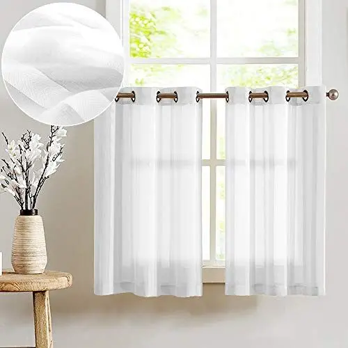 Produktbild: TOPICK Voile Scheibengardinen H 90 x B 90 (cm) 2er Set mit Ösen Transparent Bistrogardine Landhaus Streifen Küchenvorhang Gestreift Küchengardinen Paarig für Badezimmer Klein Fenster Dekor Weiß