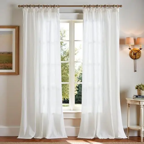 Produktbild: TOPICK Weiß Gardinen mit Kräuselband Leinen Vorhänge für Wohnzimmer Schlafzimmer Stores Halbtransparent Vorhange für Schienensystem Landhausstil Gardinen mit Verdeckten Schlaufen 2er Set 140Bx245H cm