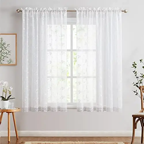 Produktbild: TOPICK Weiß Sheer Vorhänge für Wohnzimmer Bestickte Voile Fenster Vorhänge mit Floral Design Halbtransparente Gardinen für Schlafzimmer Fenster 175 x 140 cm (H x B) 2er Set