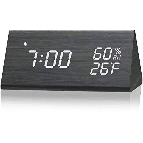 Produktbild: TOPINCN Digitaler Wecker, Holzwecker mit Elektronischer LED-Zeitanzeige, Feuchtigkeits- und Temperaturerkennung, 3 Alarmeinstellungen, 3 Helligkeitsstufen, Elektrische Uhr für (Schwarzes Holz)