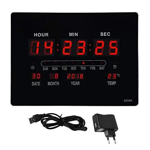 Produktbild: TOPINCN Uhr Aluminiumlegierung Haushalt Elektrische LED Wanddämpfer Uhr mit Ewigem Kalender Temperatur Luftfeuchtigkeit Display EU Stecker 110-220V MEHRWEG VERPACKUNG